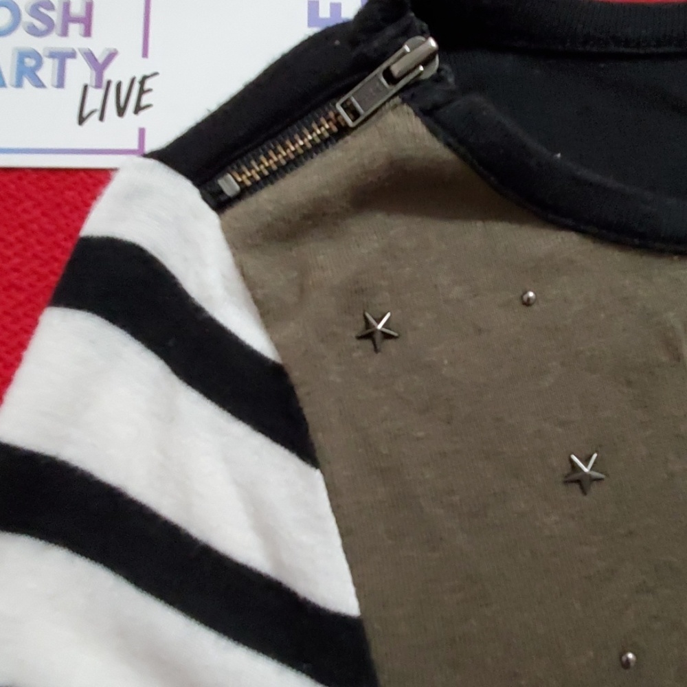 EXPRESS Striped sleeve khaki green top star studded detail on front Small Casual - Picture 2 of 8